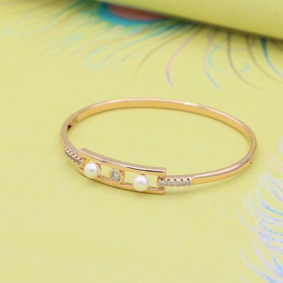 Elegant Rose Gold Bangle with Pearl & CZ Accents, XPBL0450 - Picture 5 of 12